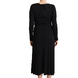 Black Nylon Stretch Long Sleeves Deep V-neck Maxi Dress