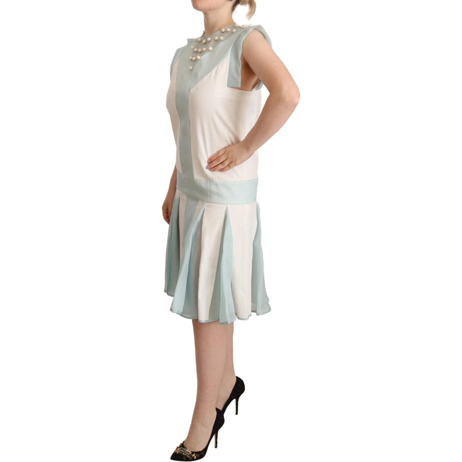 Multicolor Faux Pearl Sleeveless Shift Midi Dress