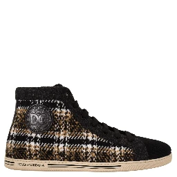 Beige Brown Wool Cotton High Top Sneakers