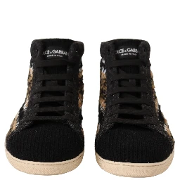 Beige Brown Wool Cotton High Top Sneakers