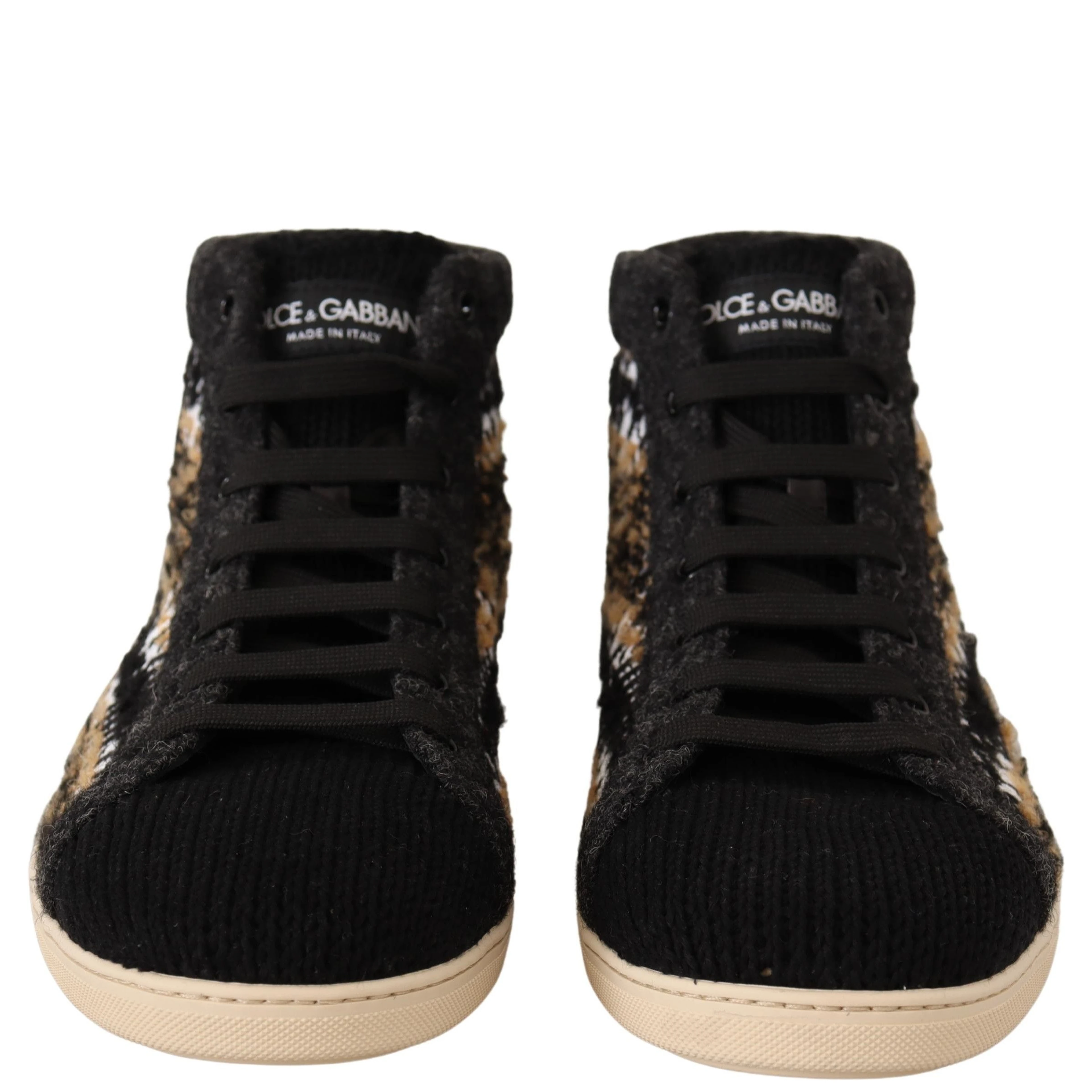 Beige Brown Wool Cotton High Top Sneakers