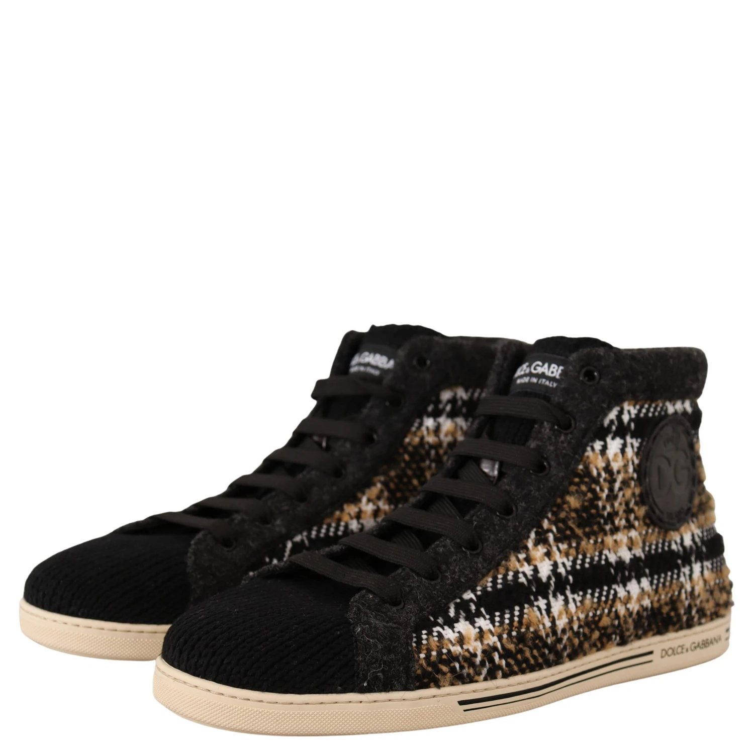 Beige Brown Wool Cotton High Top Sneakers