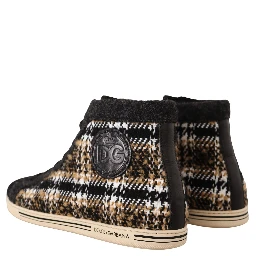 Beige Brown Wool Cotton High Top Sneakers