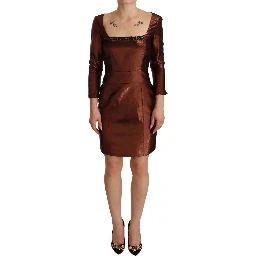 Metallic Brown Long Sleeves Square Neck Sheath Dress