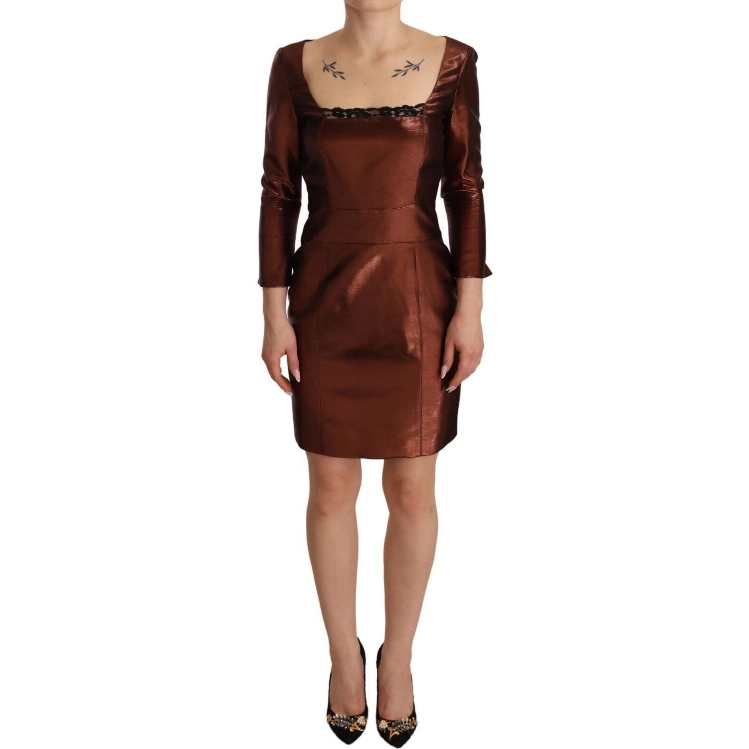 Metallic Brown Long Sleeves Square Neck Sheath Dress