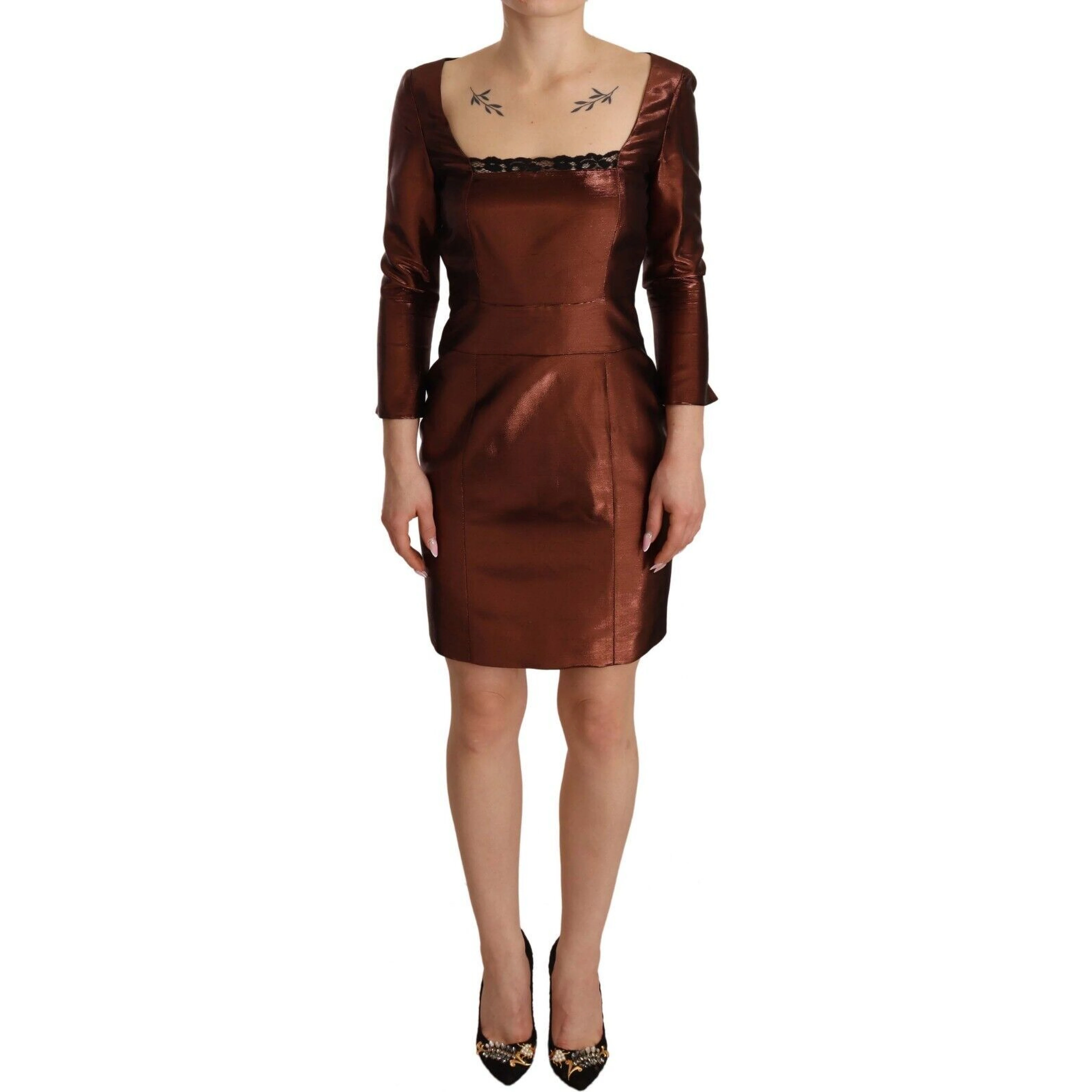 Metallic Brown Long Sleeves Square Neck Sheath Dress