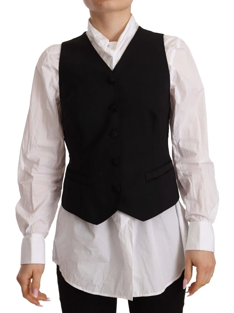 Black Button Down Sleeveless Vest Viscose Top