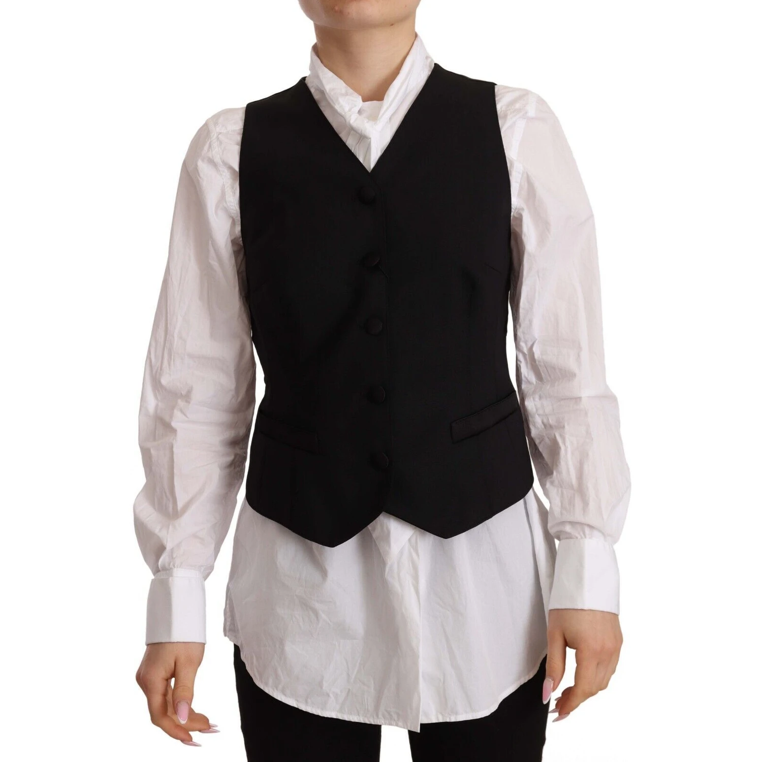 Black Button Down Sleeveless Vest Viscose Top