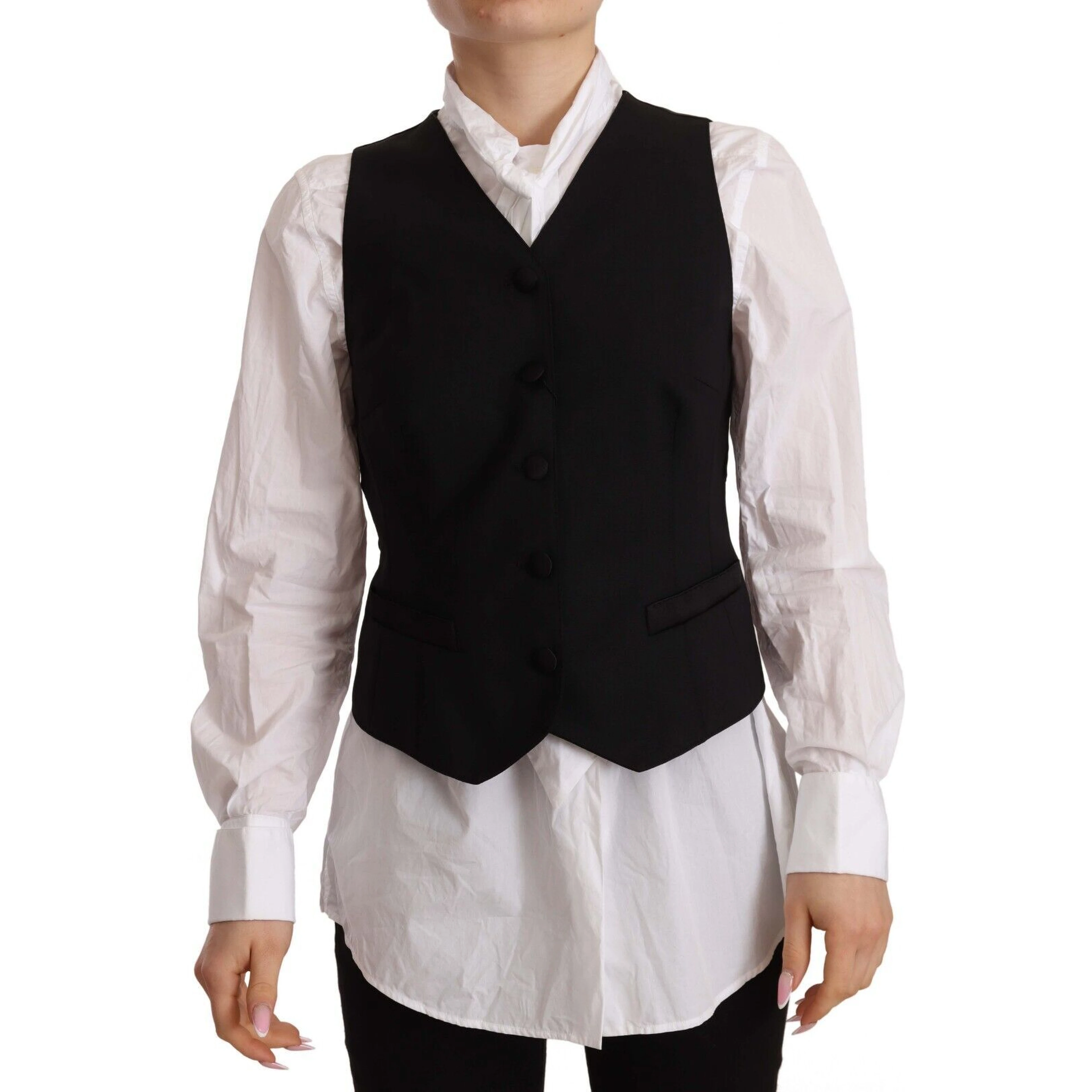 Black Button Down Sleeveless Vest Viscose Top