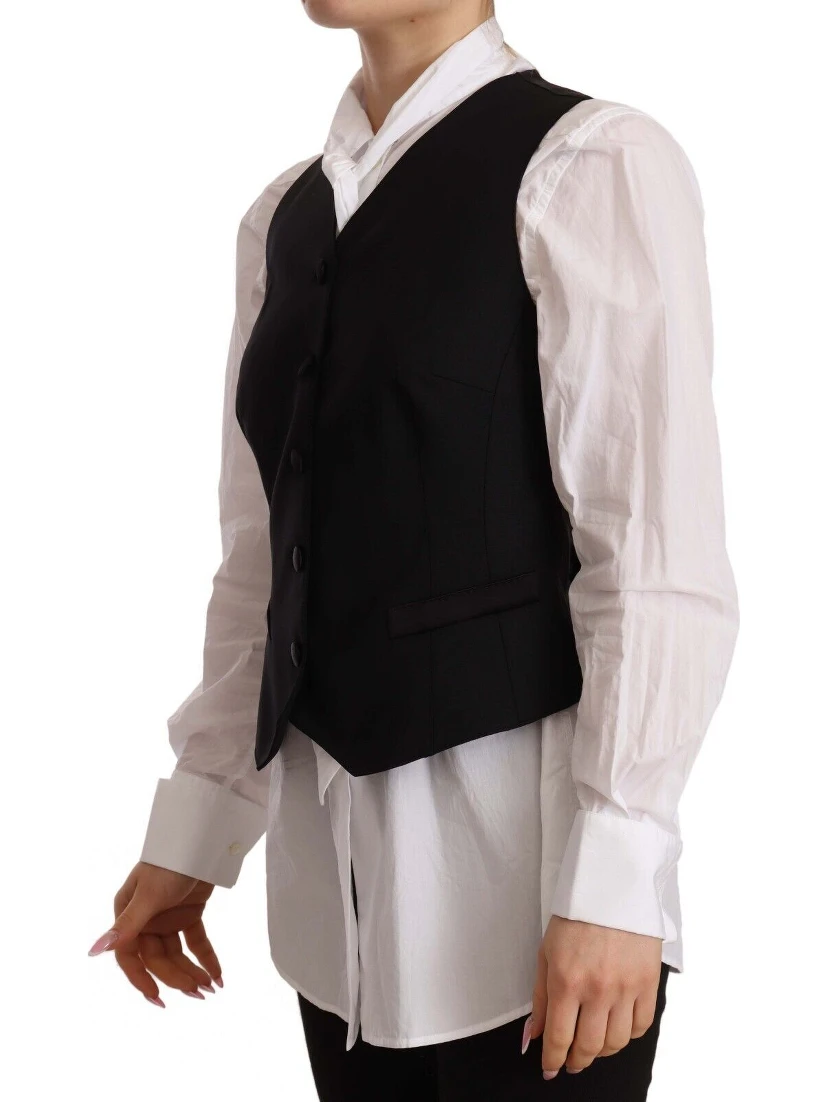 Black Button Down Sleeveless Vest Viscose Top