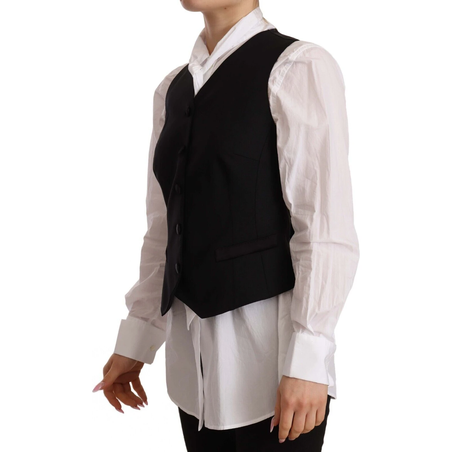 Black Button Down Sleeveless Vest Viscose Top