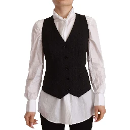 Black Button Down Sleeveless Vest Polyester Top