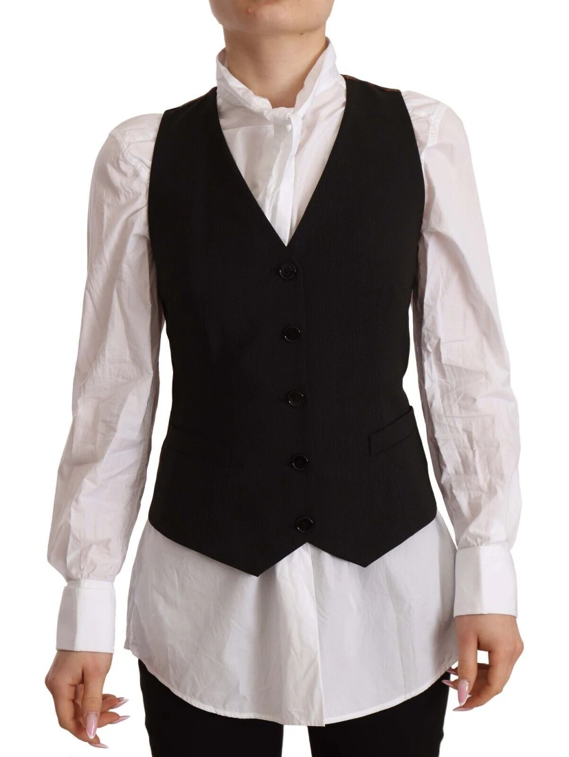 Black Button Down Sleeveless Vest Polyester Top