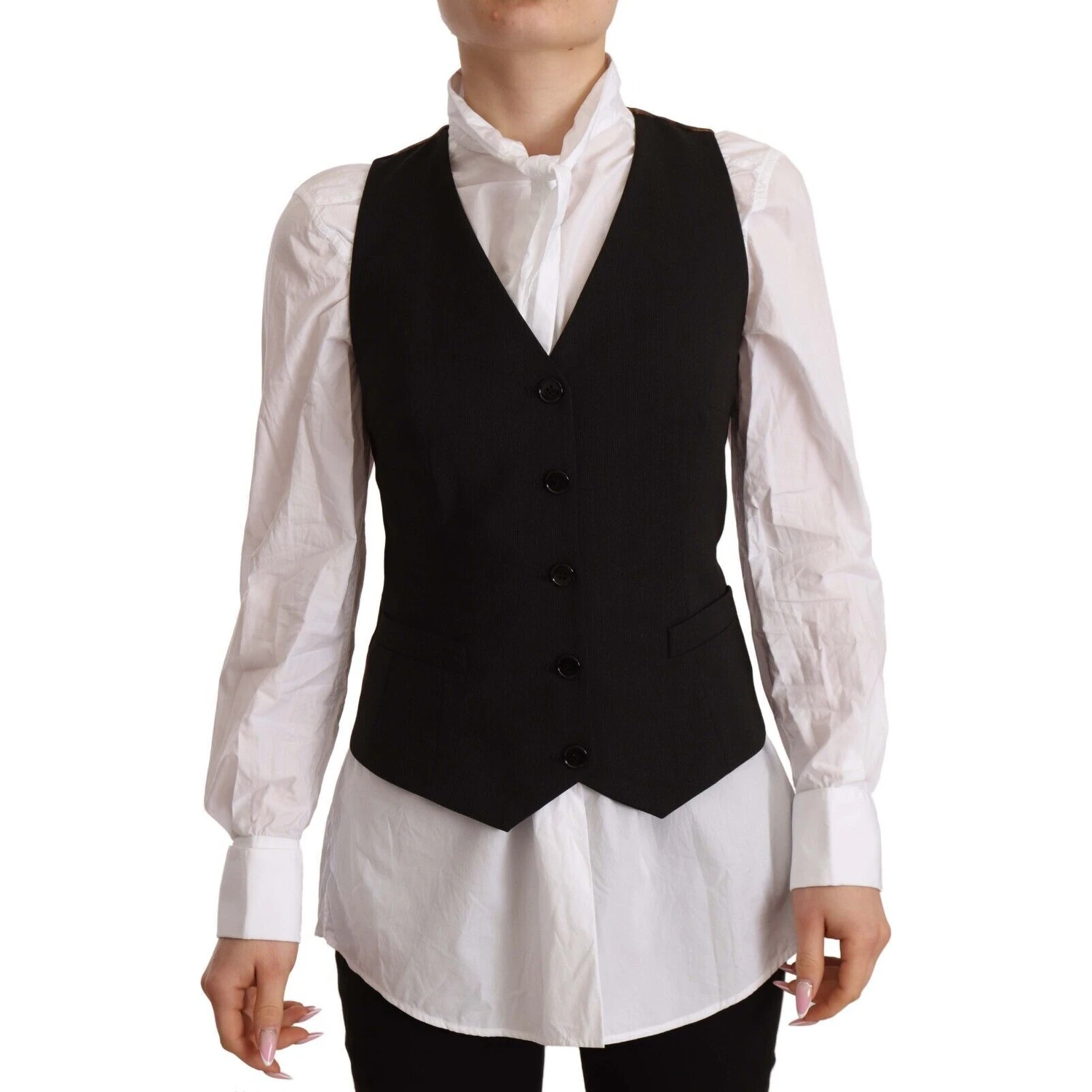 Black Button Down Sleeveless Vest Polyester Top