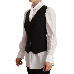 Black Button Down Sleeveless Vest Polyester Top