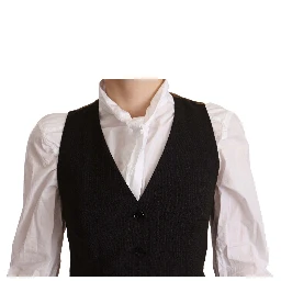 Black Button Down Sleeveless Vest Polyester Top