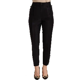 Black Button Embellished Cropped High Waist Pants