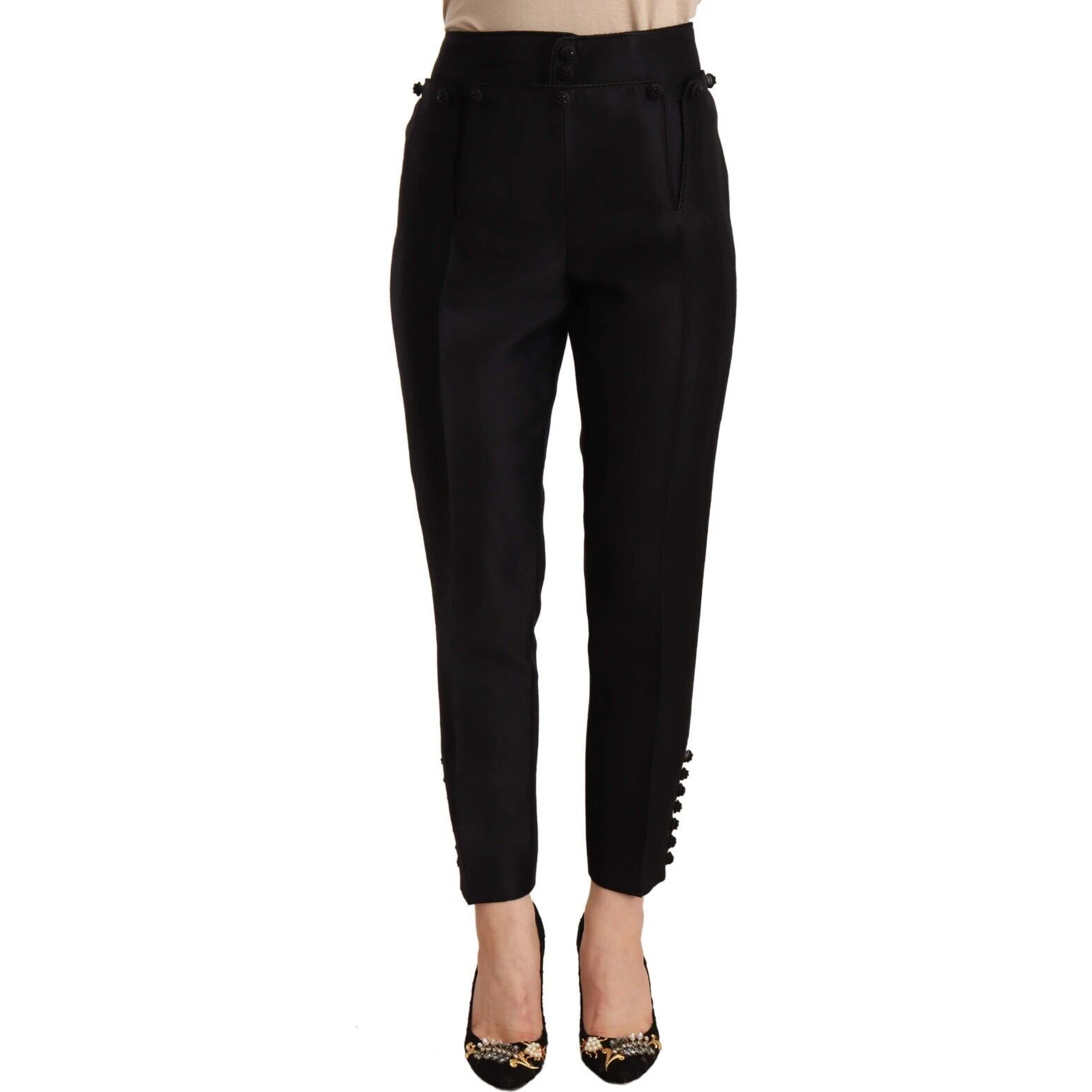 Black Button Embellished Cropped High Waist Pants