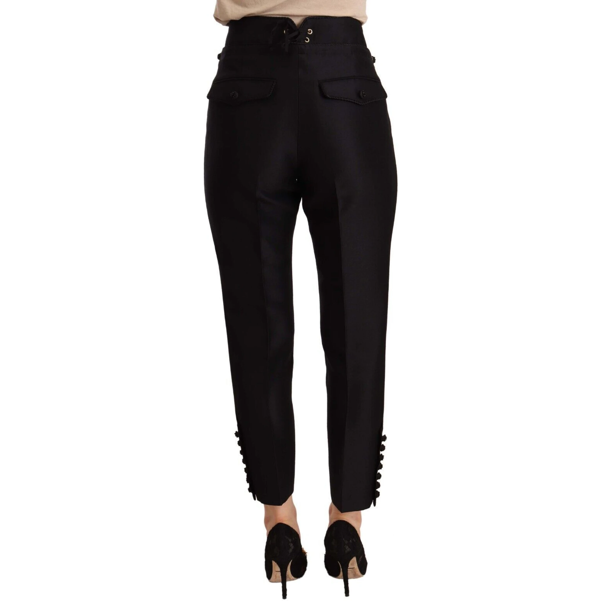 Black Button Embellished Cropped High Waist Pants