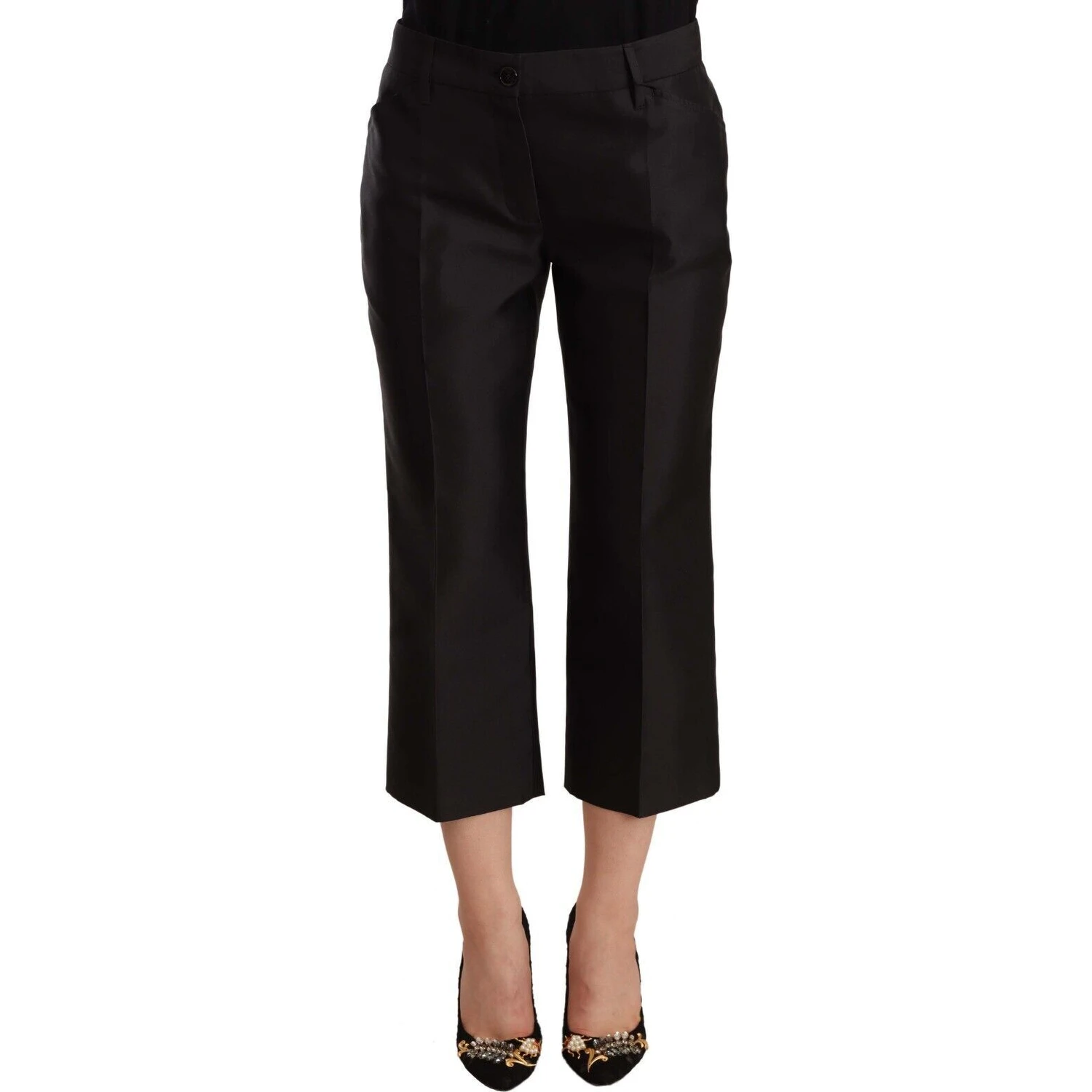 Black 100% Silk Flared Cropped Pants