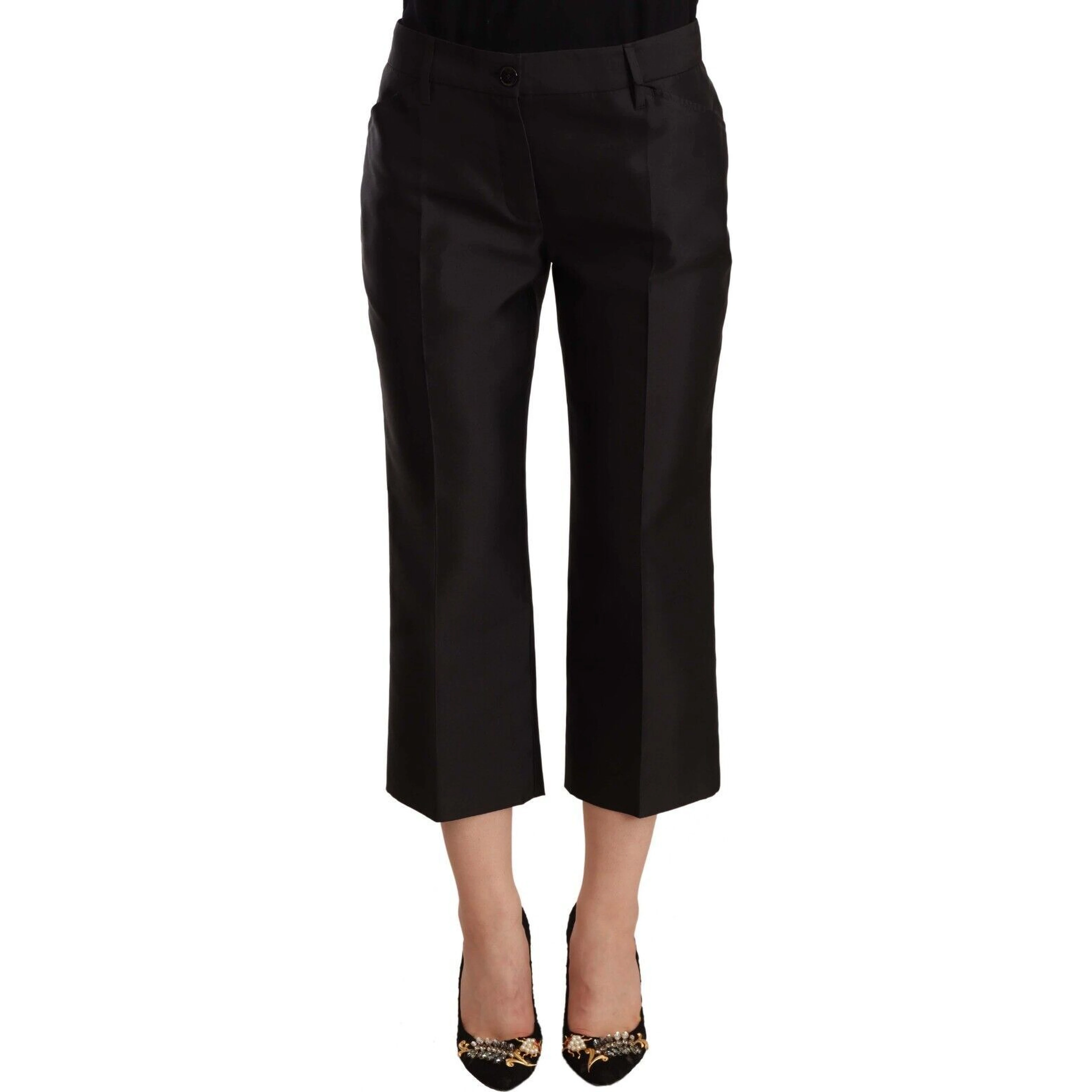Black 100% Silk Flared Cropped Pants