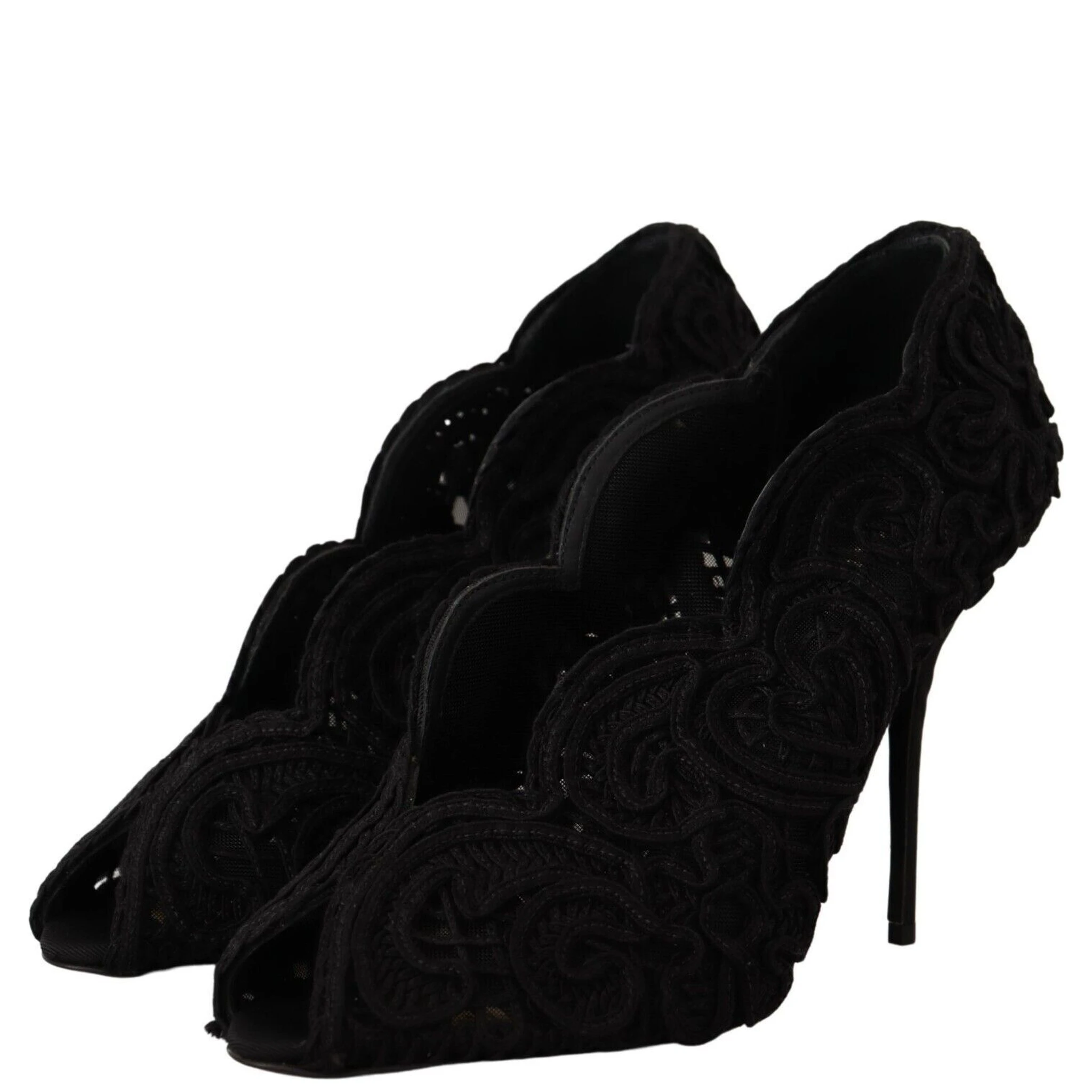 Black Cordonetto Ricamo Pump Open Toe Shoes