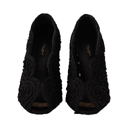 Black Cordonetto Ricamo Pump Open Toe Shoes