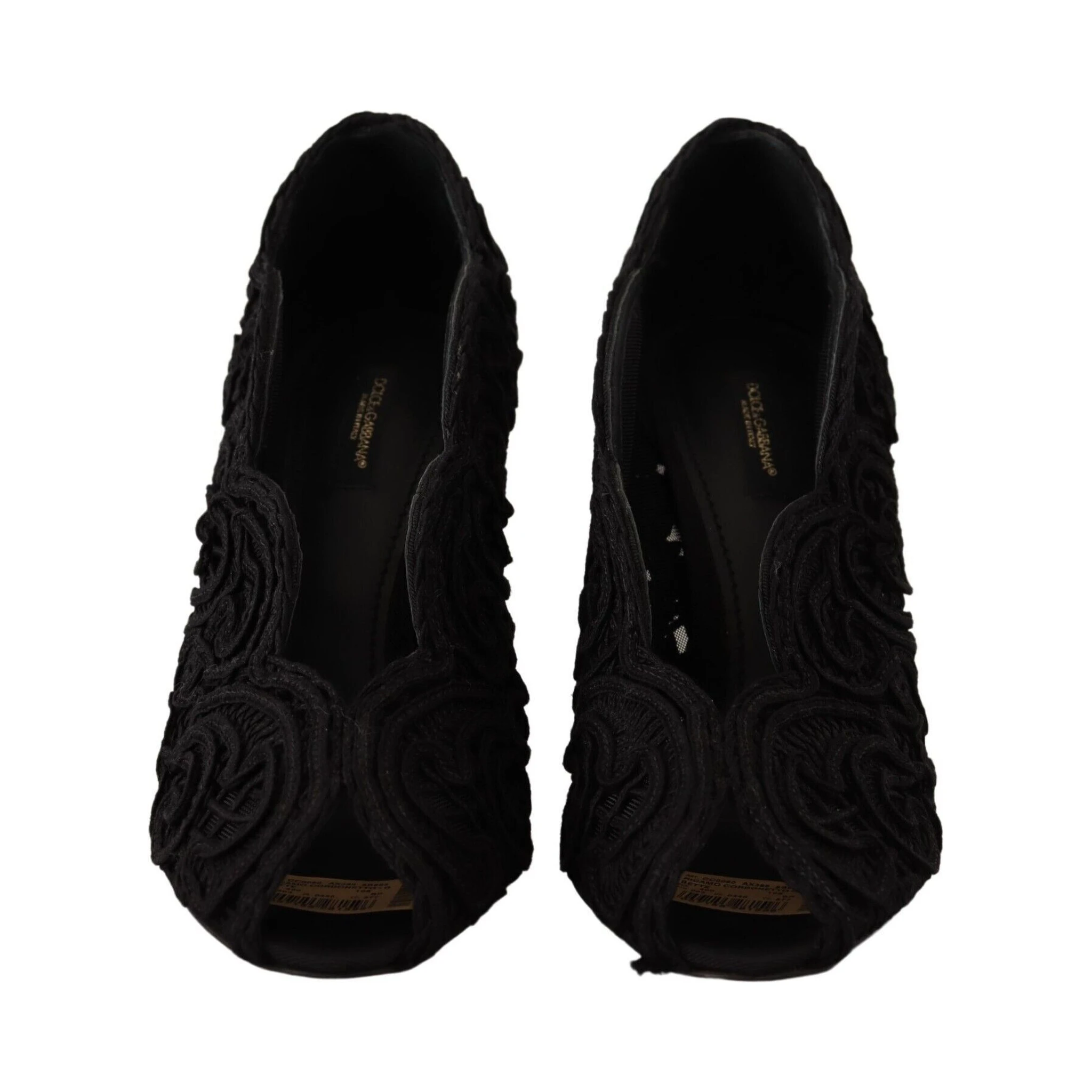 Black Cordonetto Ricamo Pump Open Toe Shoes