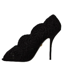 Black Cordonetto Ricamo Pump Open Toe Shoes