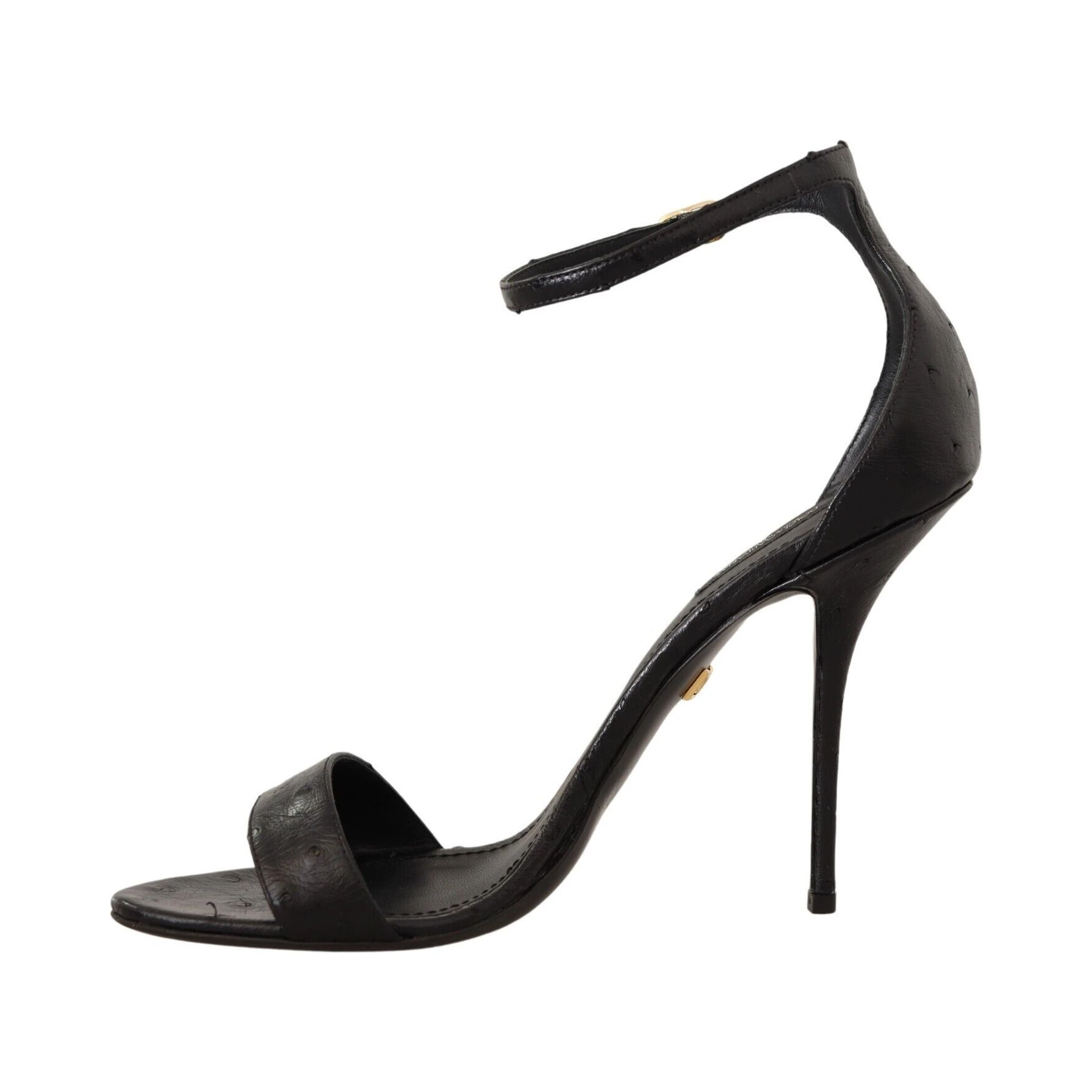 Black Ostrich Ankle Strap Heels Sandals Shoes