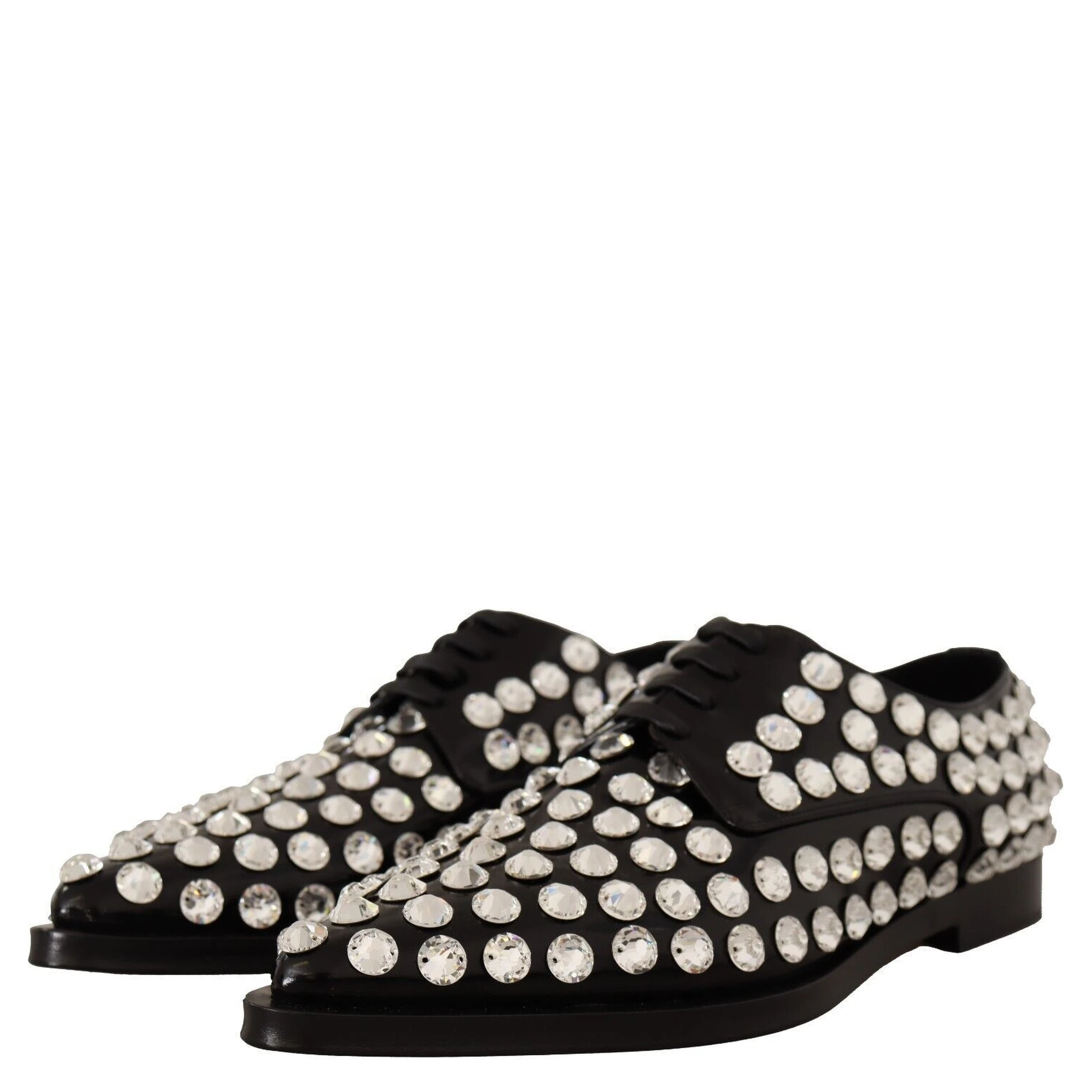 Black Leather Crystals Lace Up Formal Shoes