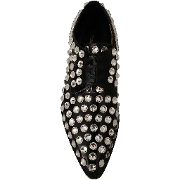 Black Leather Crystals Lace Up Formal Shoes