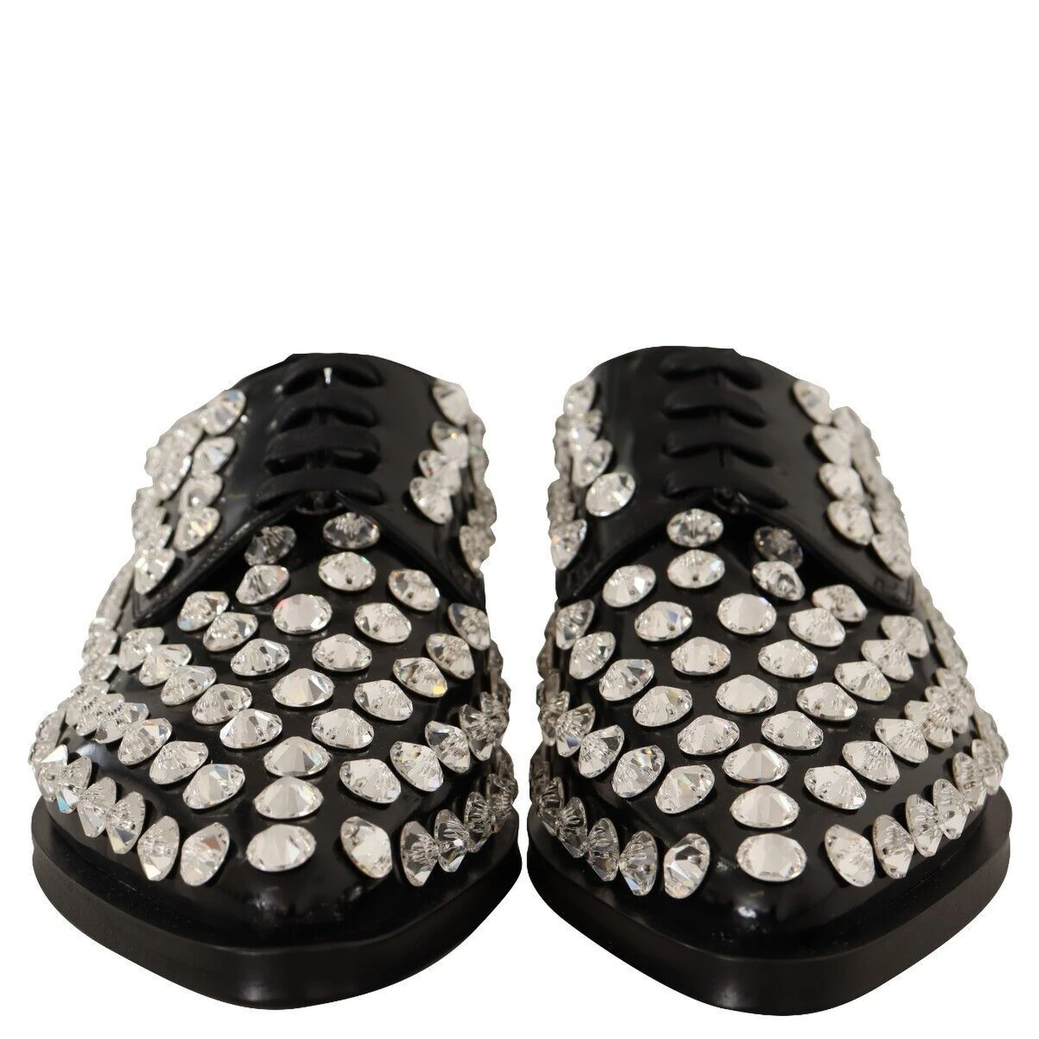 Black Leather Crystals Lace Up Formal Shoes