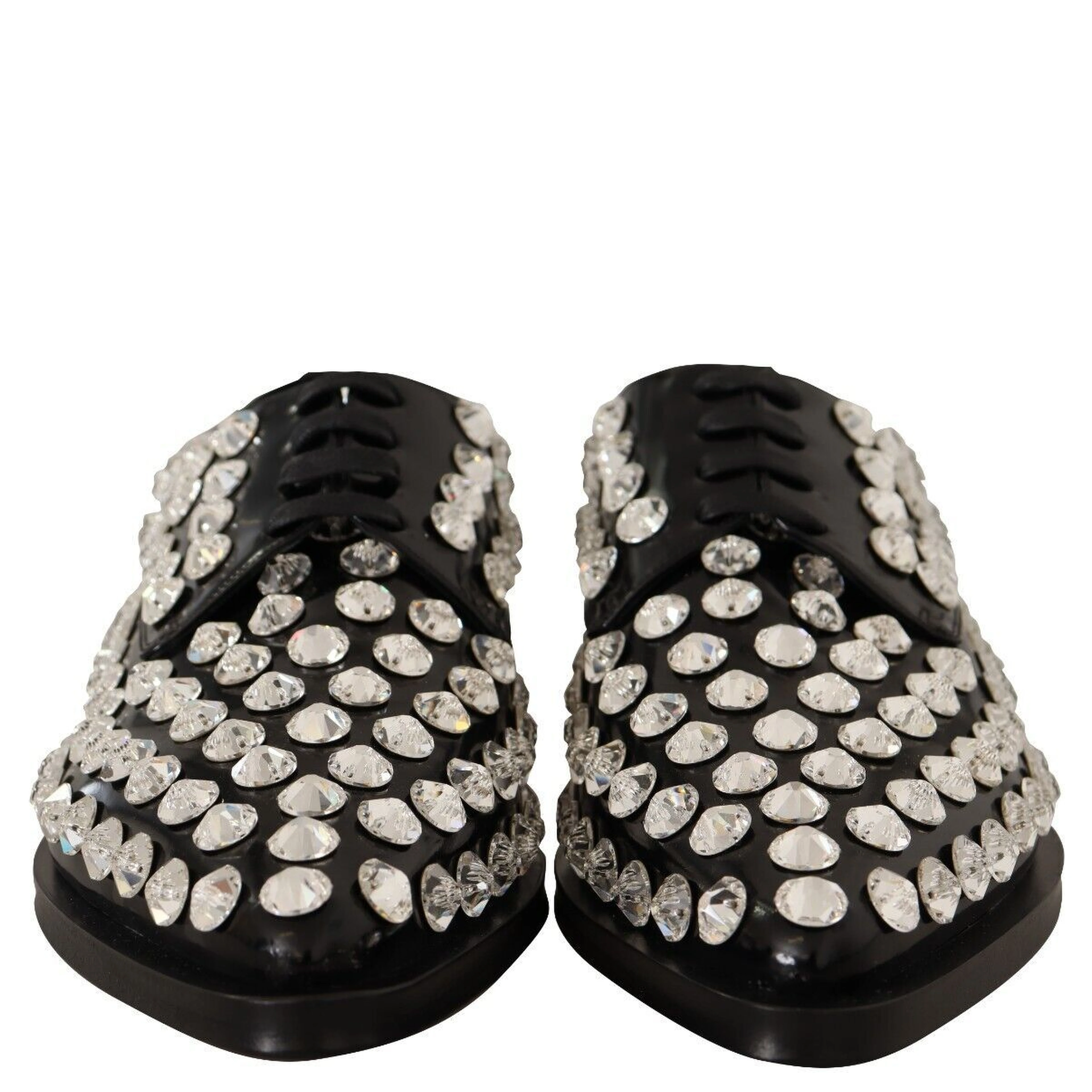 Black Leather Crystals Lace Up Formal Shoes