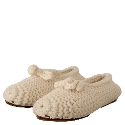 White Slip On Ballerina Flats Wool Knit Shoes