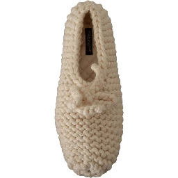 White Slip On Ballerina Flats Wool Knit Shoes