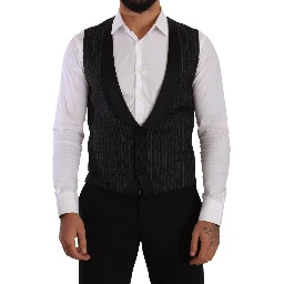 Black Striped Wool Silk Waistcoat Vest