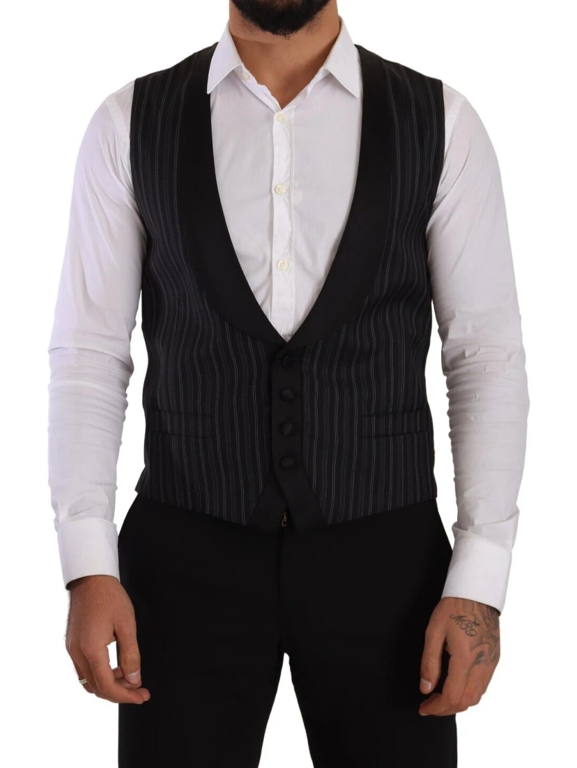 Black Striped Wool Silk Waistcoat Vest