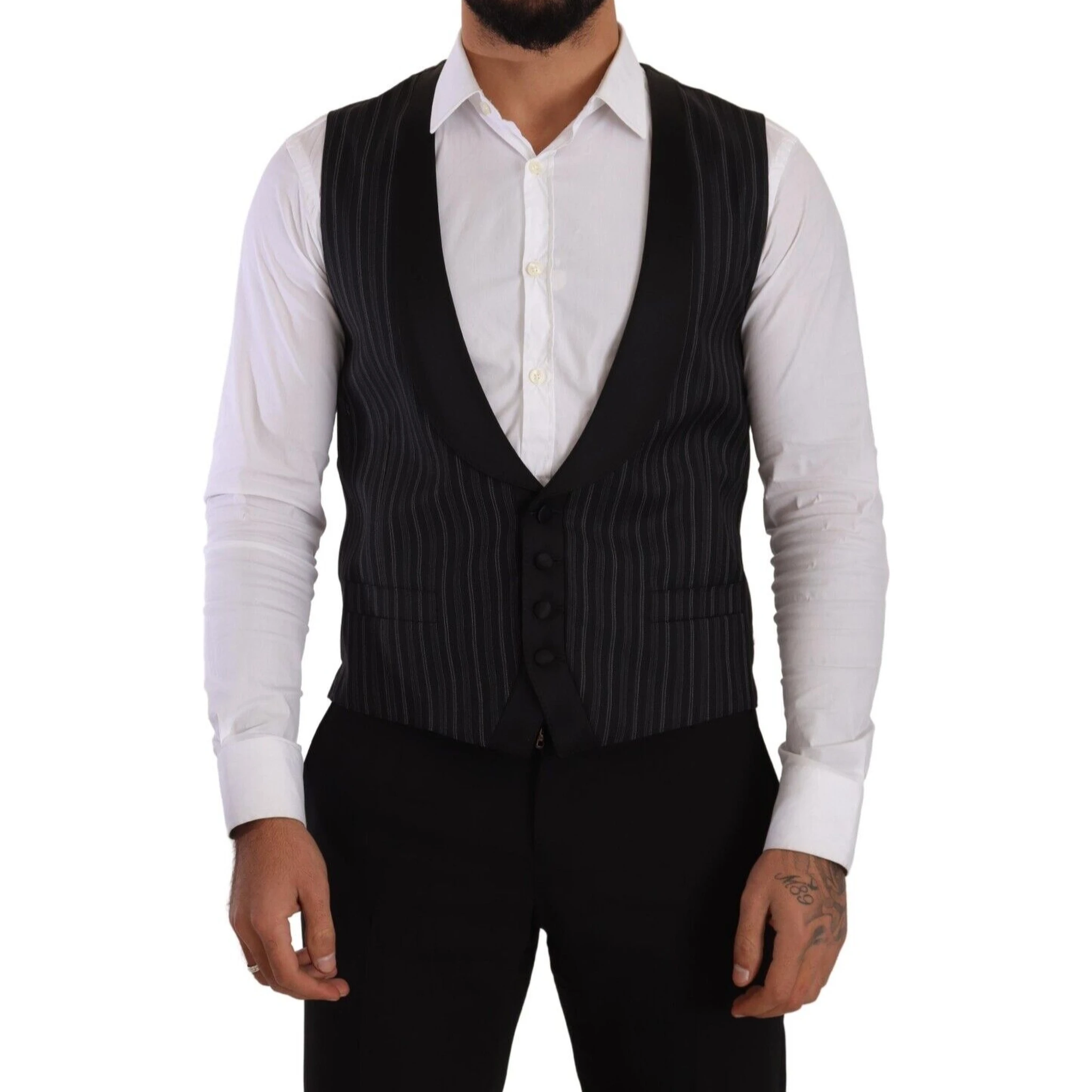 Black Striped Wool Silk Waistcoat Vest
