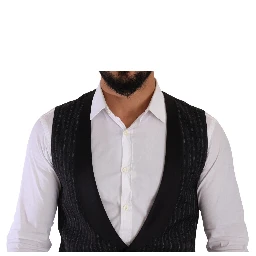 Black Striped Wool Silk Waistcoat Vest