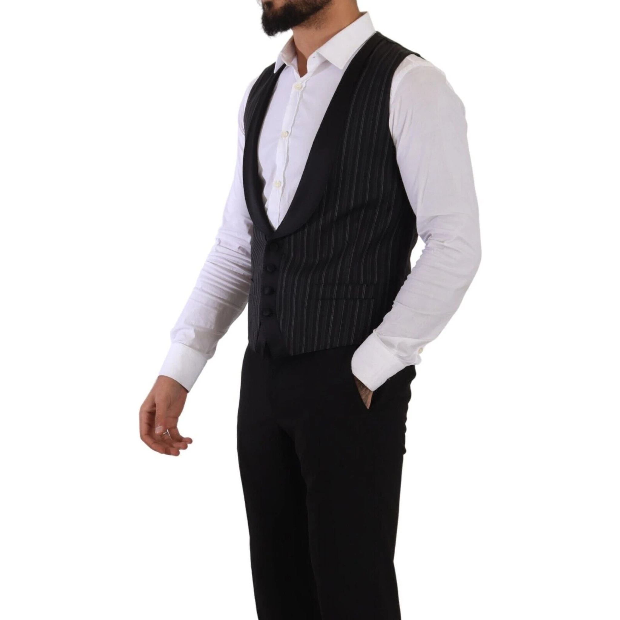 Black Striped Wool Silk Waistcoat Vest