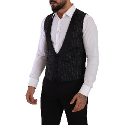 Black Striped Wool Silk Waistcoat Vest