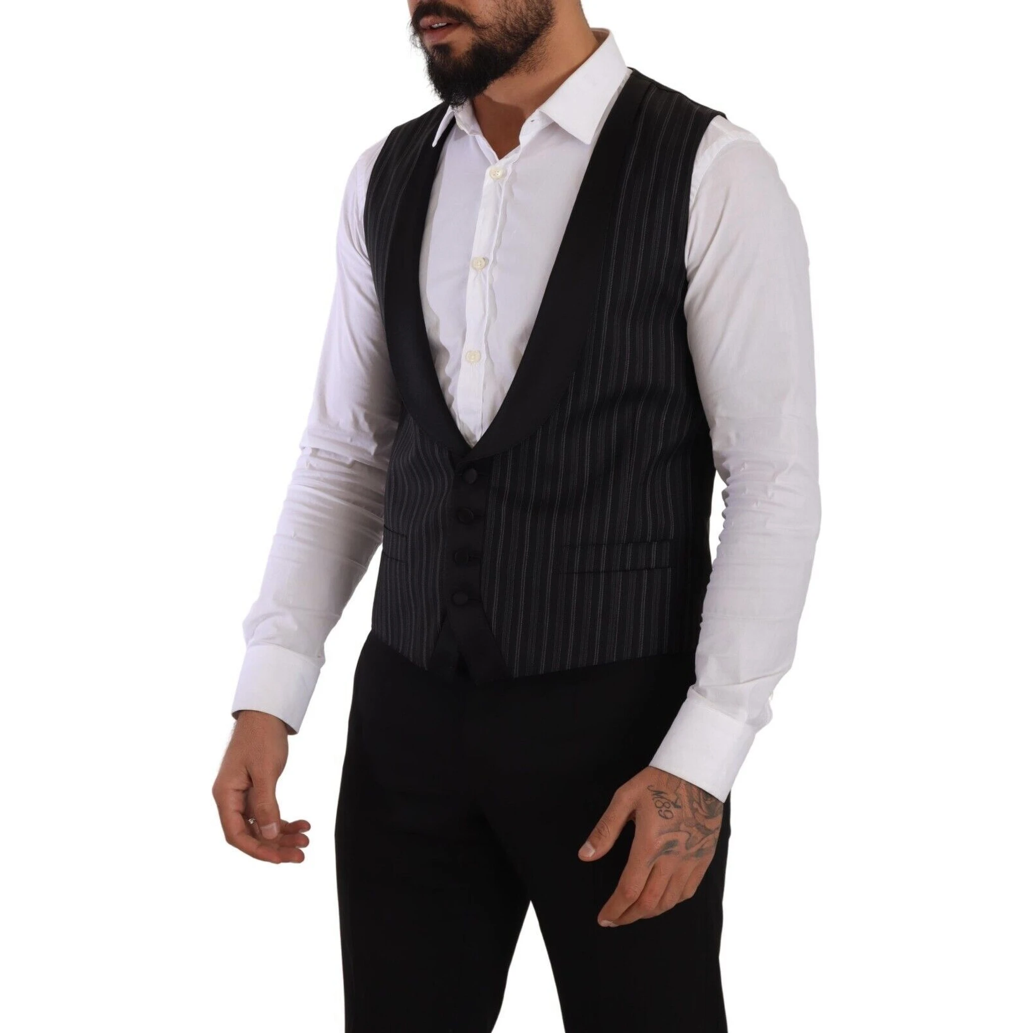 Black Striped Wool Silk Waistcoat Vest