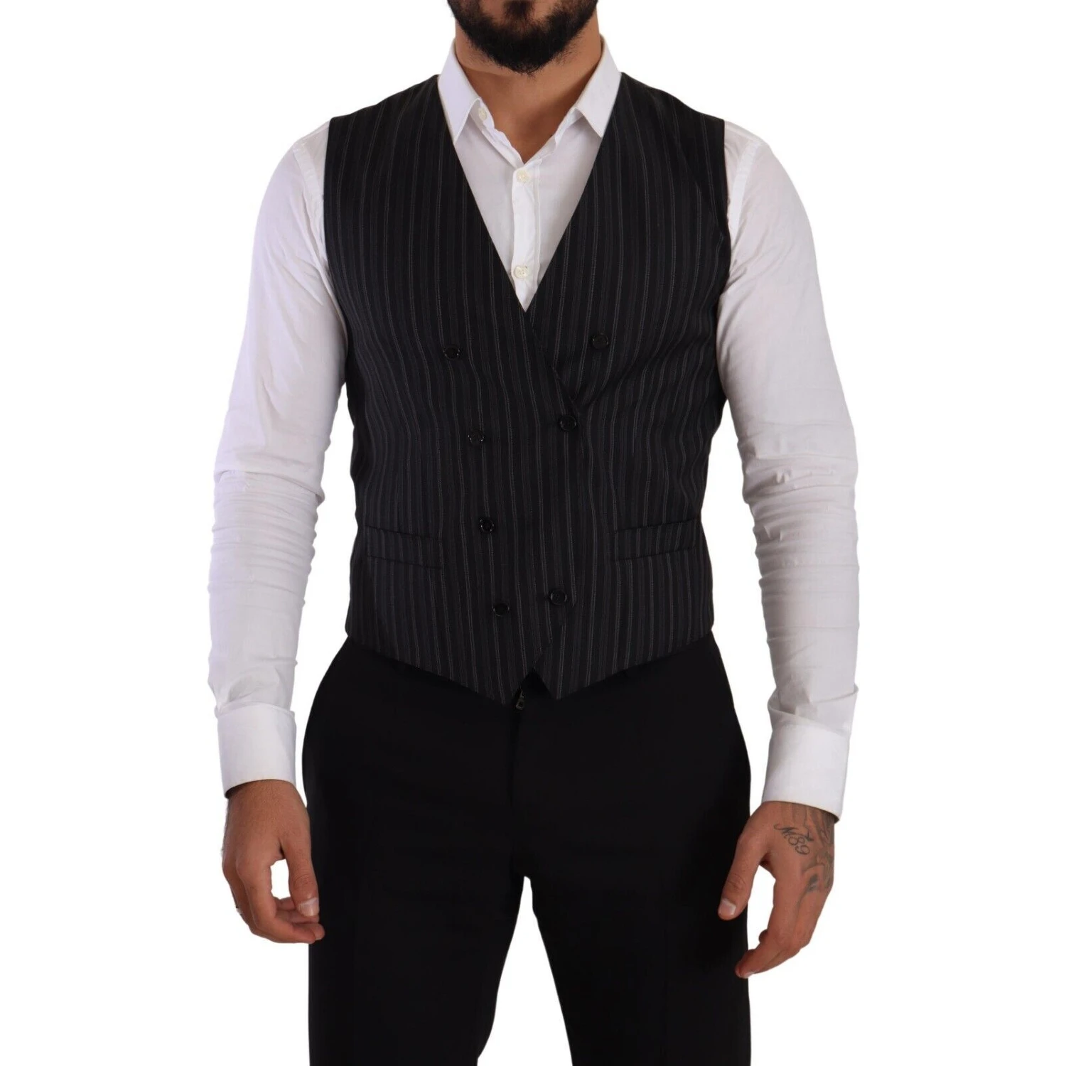Gray Striped Double Breasted Waistcoat Vest