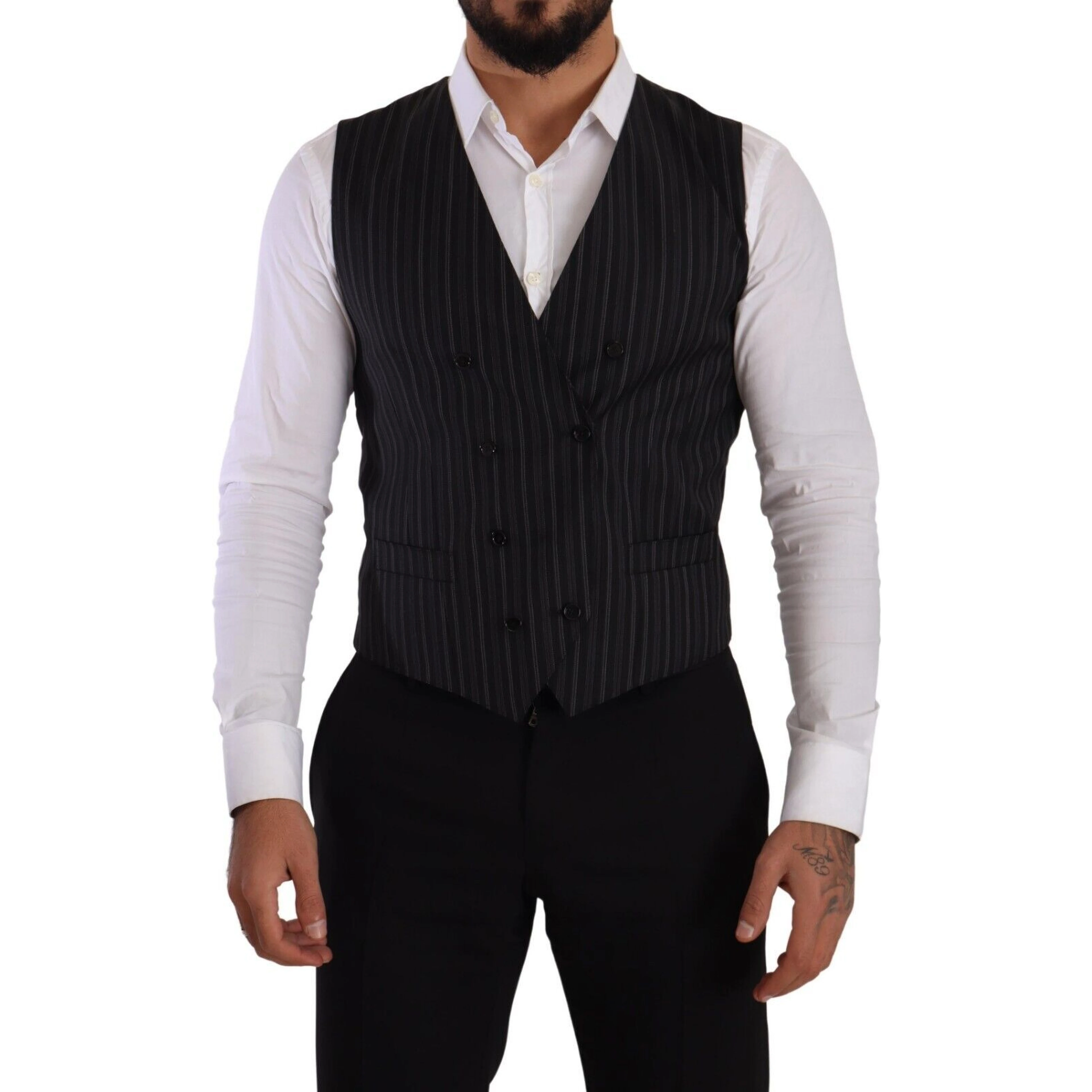 Gray Striped Double Breasted Waistcoat Vest