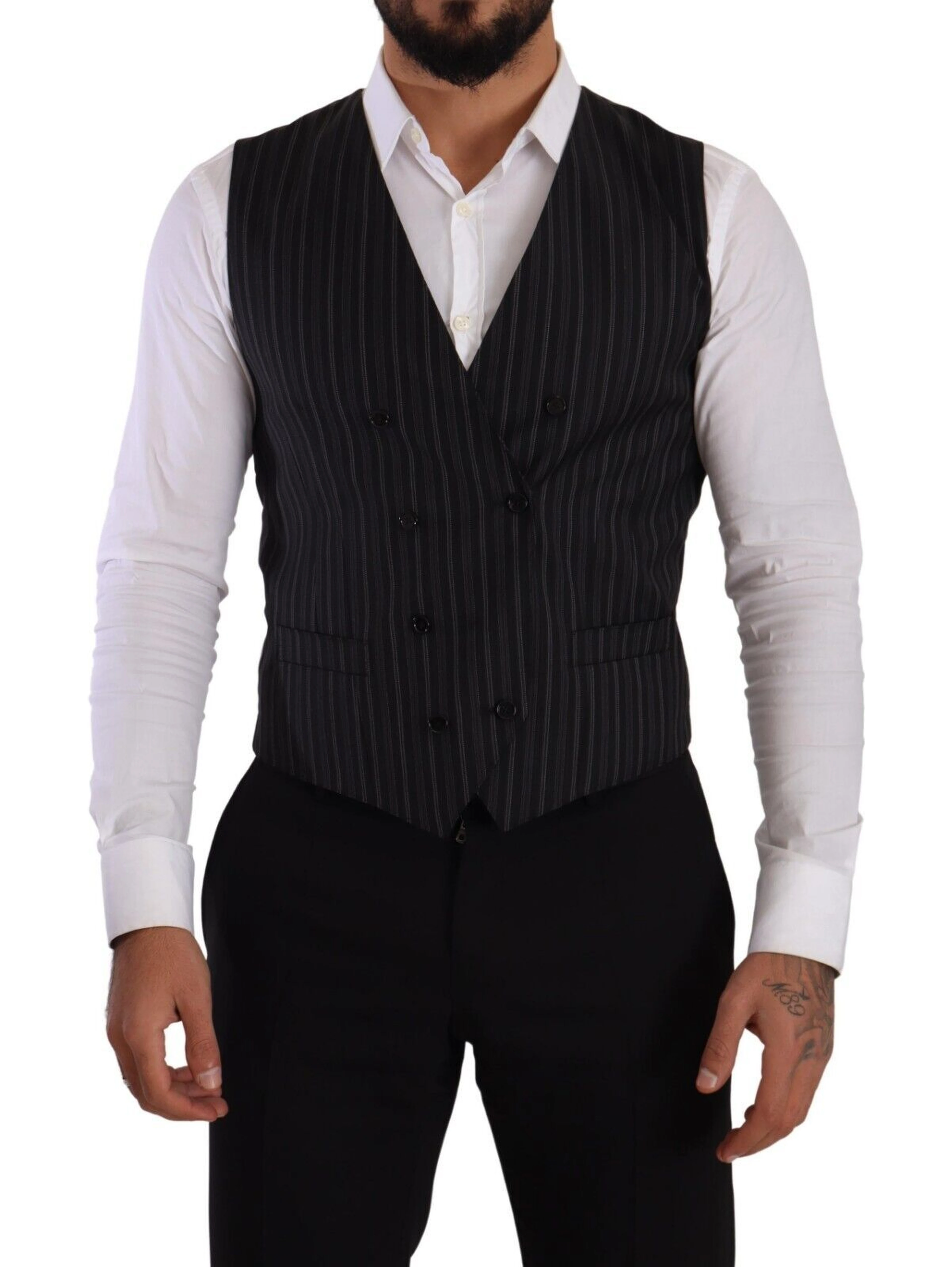 Gray Striped Double Breasted Waistcoat Vest