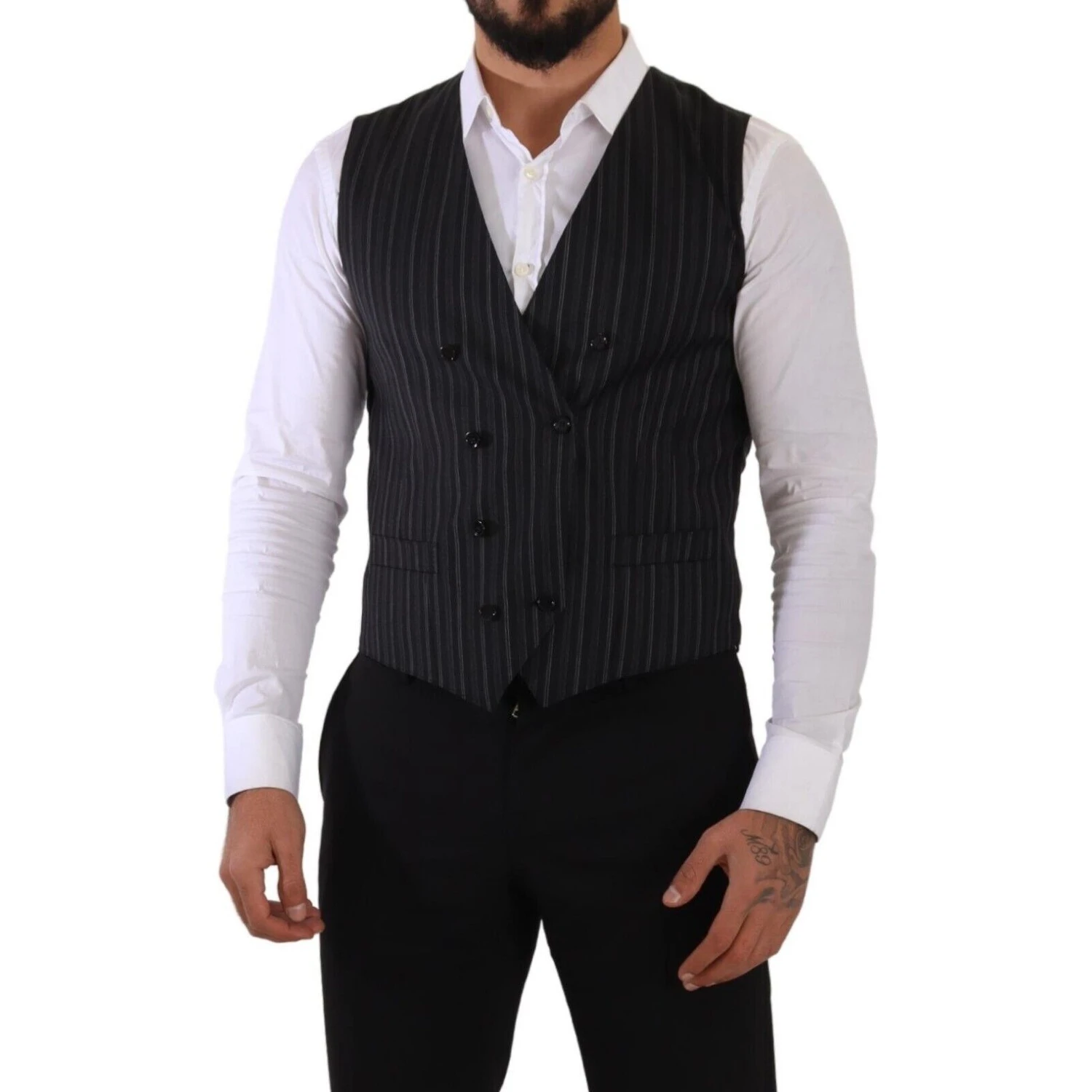 Gray Striped Double Breasted Waistcoat Vest