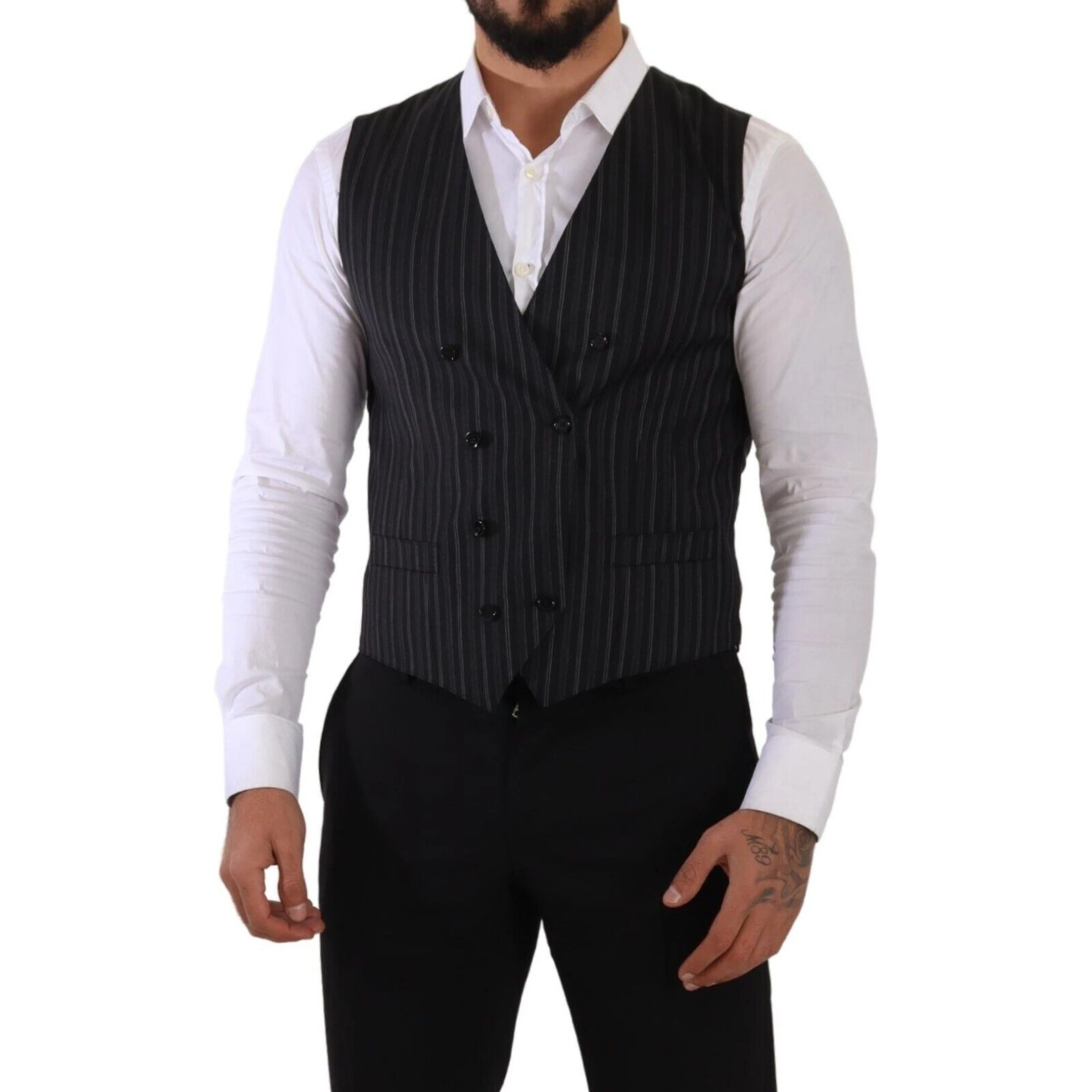 Gray Striped Double Breasted Waistcoat Vest