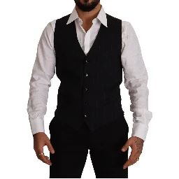Blue Striped Wool Stretch Waistcoat Vest