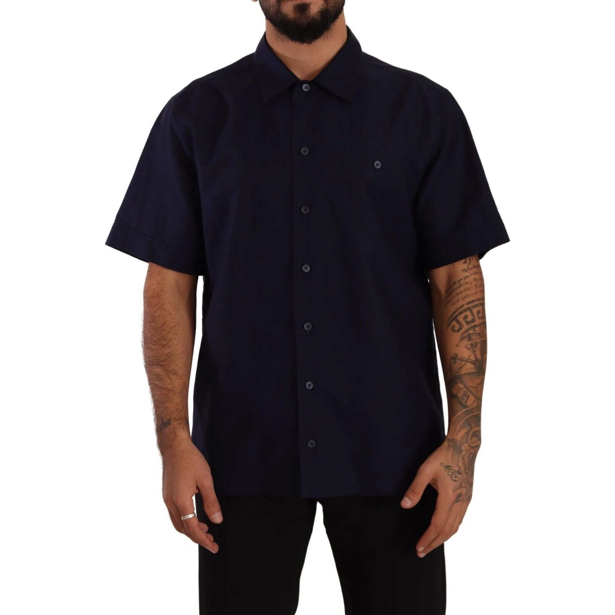 Navy Blue Button Down Short Sleeves Shirt